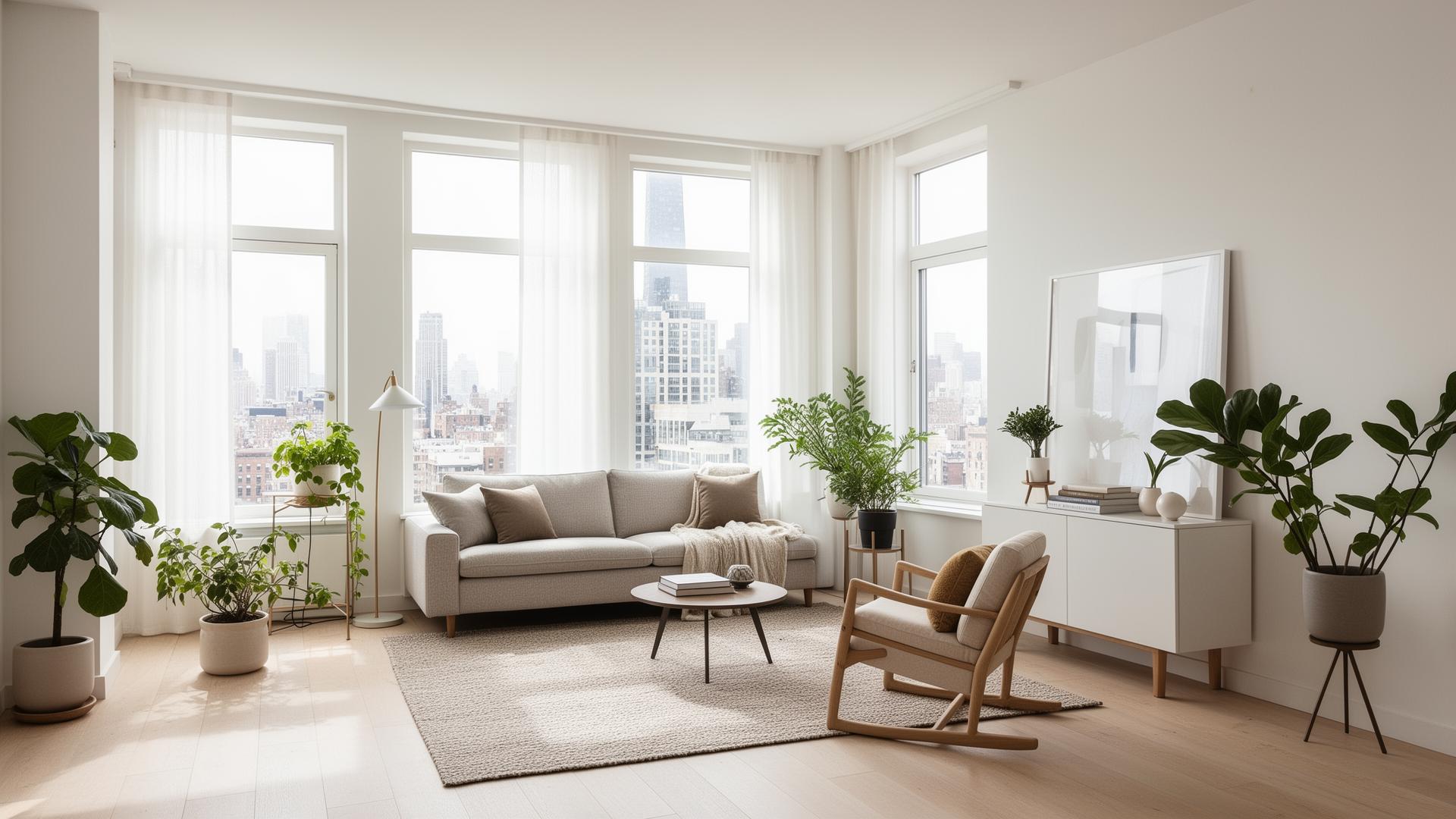 Hell eingerichtetes, modernes Apartment-Wohnzimmer mit Stadtblick